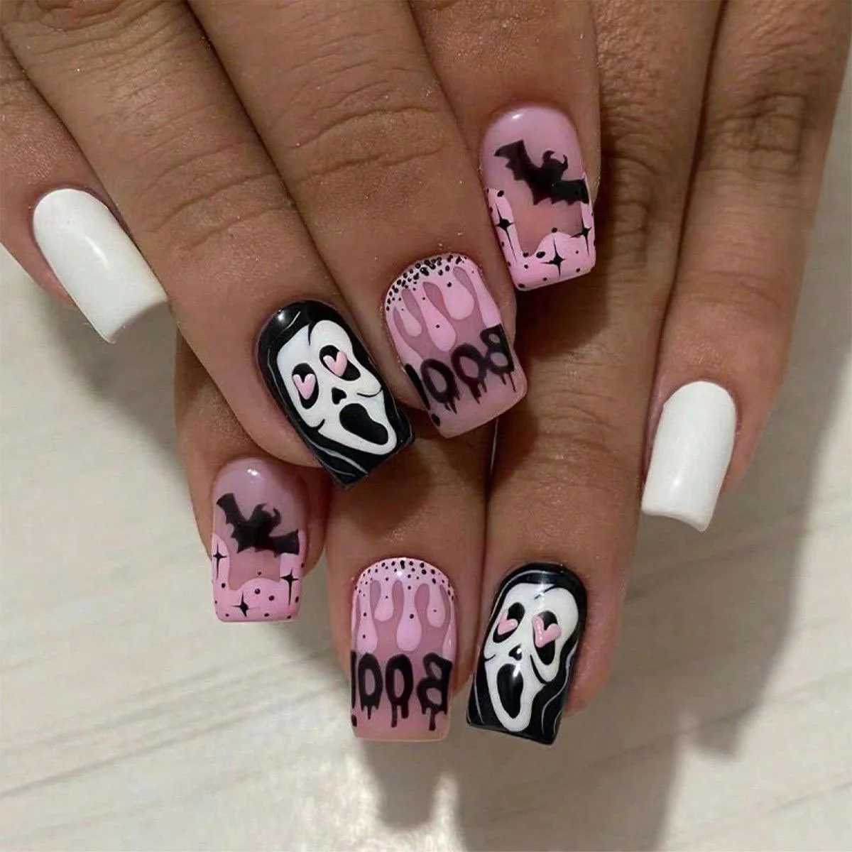 24Pcs Halloween False Nails Ghosts Bats Fake Nails Short Square Press on Nails Full Cover Nail Tips Manicure ToolsT251118T251119-image-1085218962