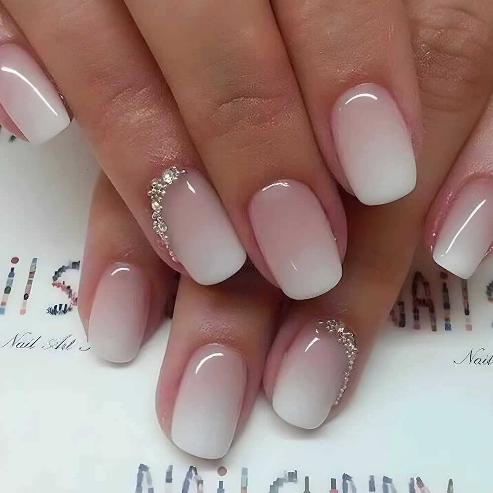 24Pcs Simple Fake Nail with Broken Diamond Short Square Press on False Nails Gradient White Wearable Ballet Full Cover Nail TipT251118T251119-image-1085214230