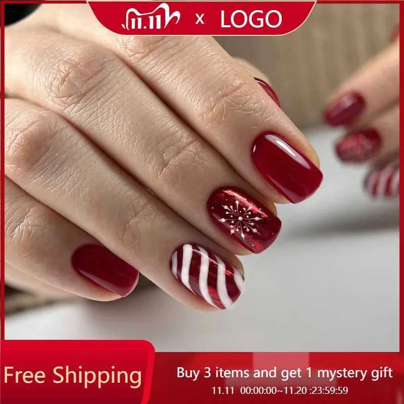 24Pce Fake Nails Red Christmas Candy Stripes with Snowflakes - Short Square Press-On Nail Tips Perfect for Gifting to WomenT251118T251119-image-1085222003