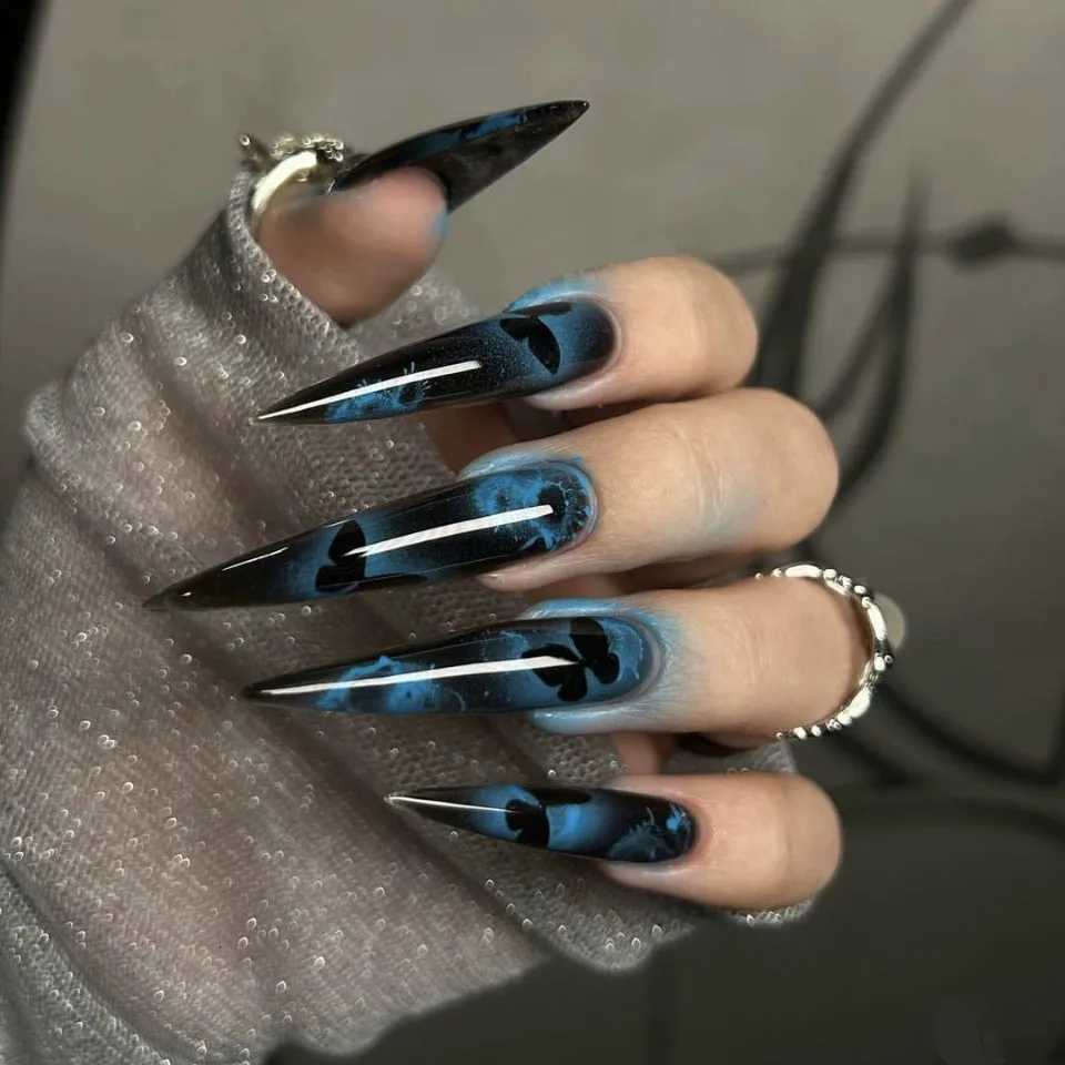 24PCS Dark Blue Butterfly Y2k False Nails Spicy Girls Gradient French Pointed Fake Nails Press On Long Stiletto Artificial NailsT251118T251119-image-1085214018