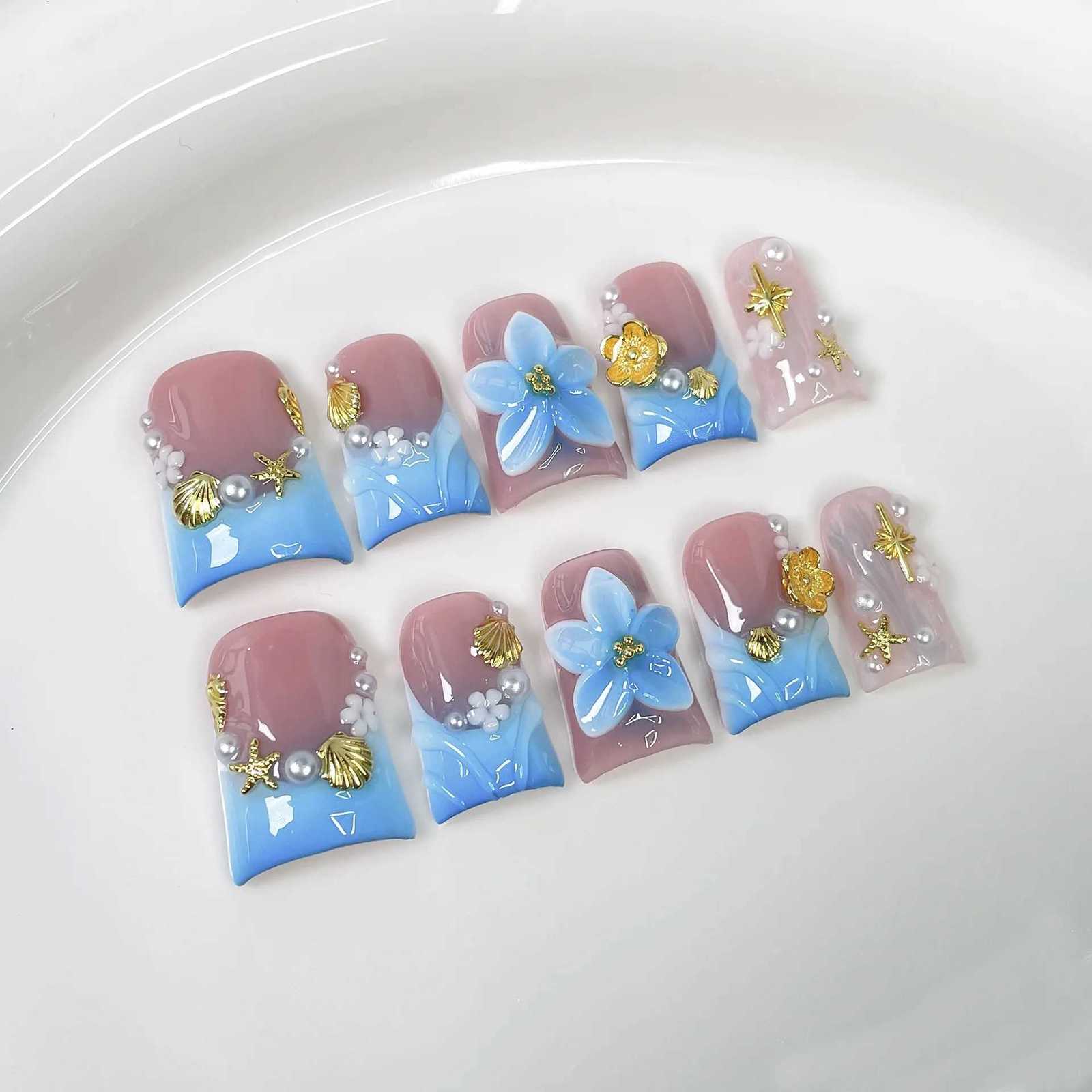 10pcs Flower Short Duckbill Handmade Press on Nails Set Pearl Seashell Design False Nails Art Reusable Blue French Fake Nail TipT251118T251119-image-1085222263