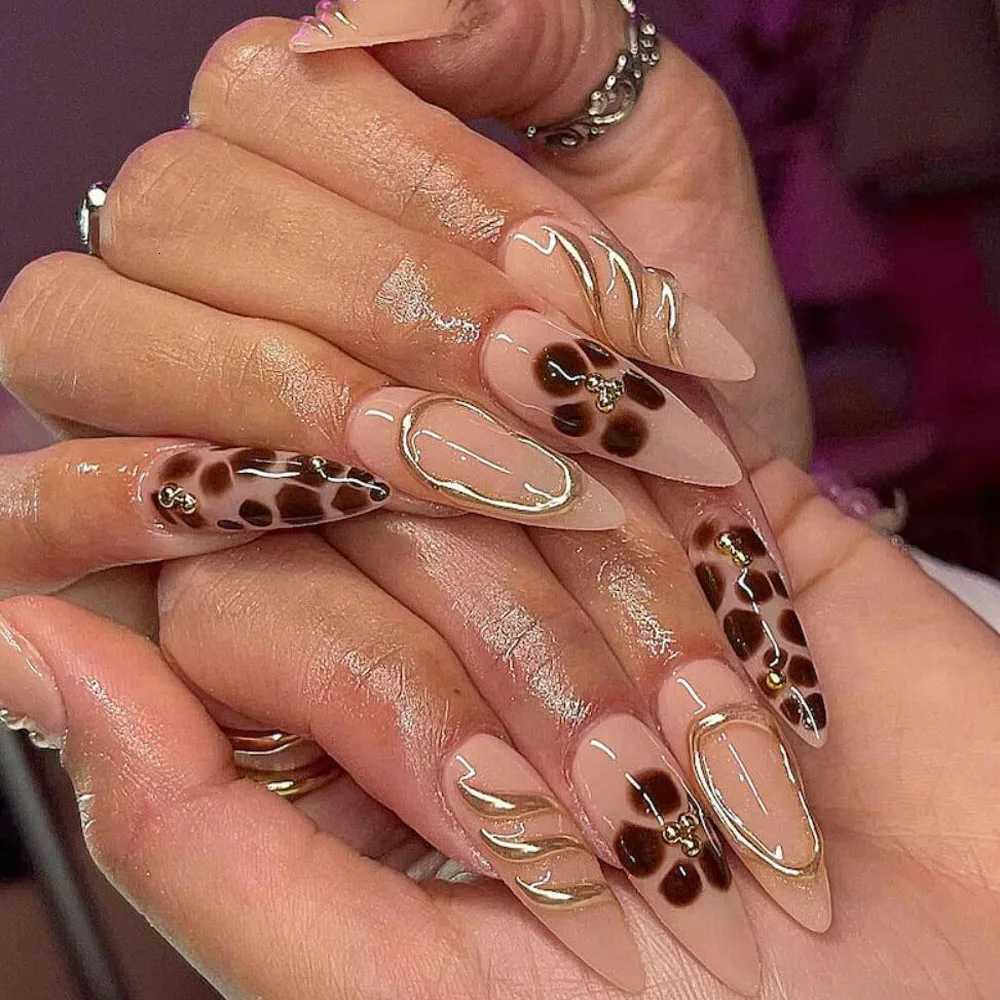 24Pcs 3D Glossy Leopard Print Press on Nails Medium Almond Metal Gold Fench line Fake Nails Full Cover Acrylic Fake Nails Tips 1T251118T251119-image-1085221949