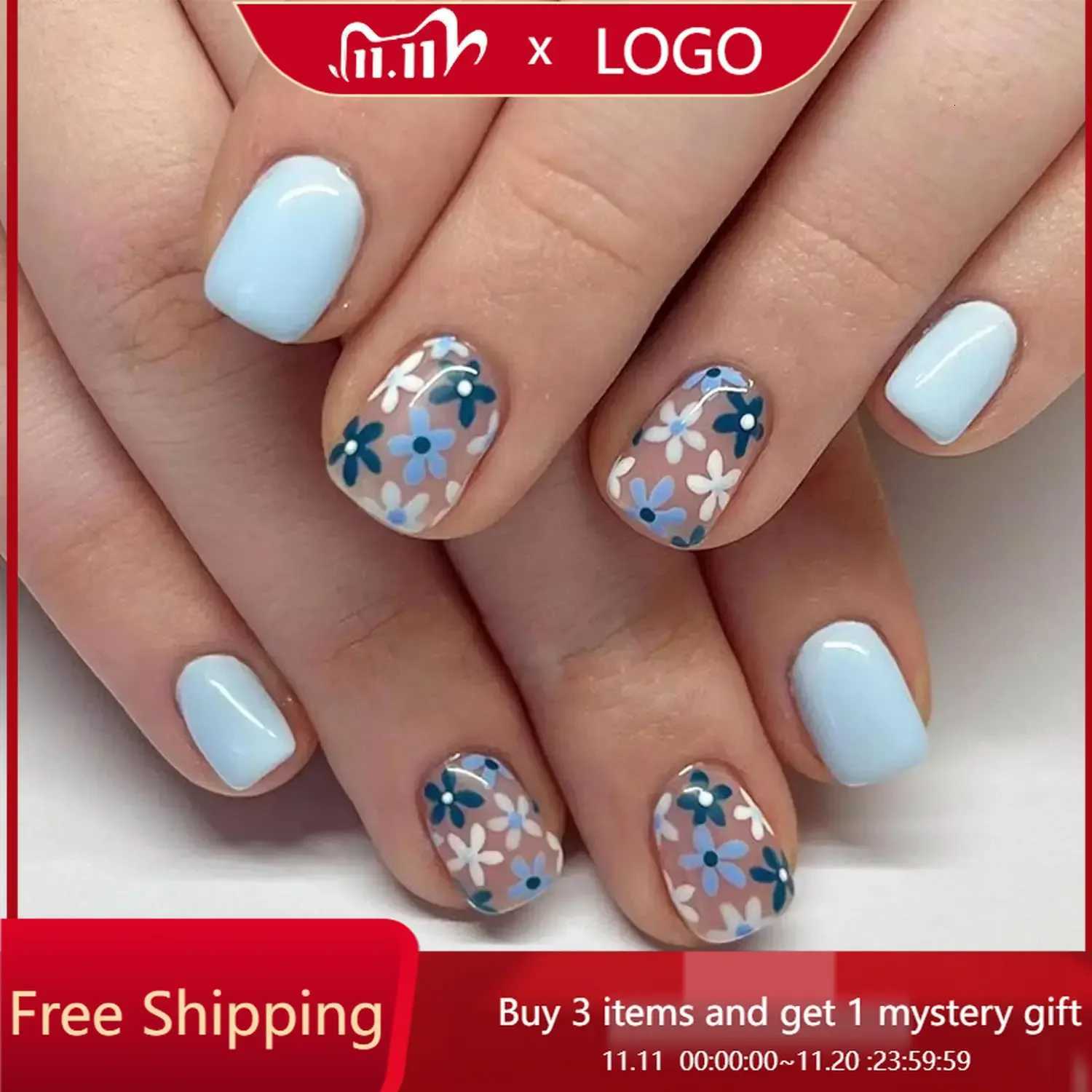 24Pcs Press on Nails Short Square Fake Nails Light Blue Glossy False Nails with Blue White Flowers Press ons Designs For WomenT251118T251119-image-1085215512