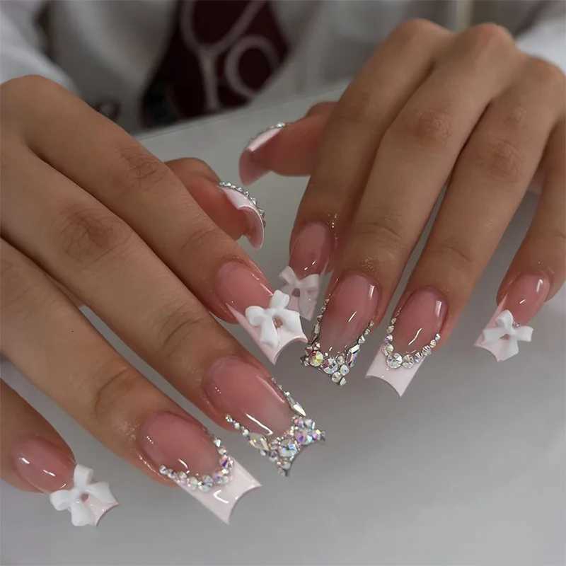 24Pcs Mid-length Square Head French False Nails with 3D Bow Rhinestone Design Full Cover Fake Nails Reusable Press on Nails TipsT251118T251119-image-1085219445