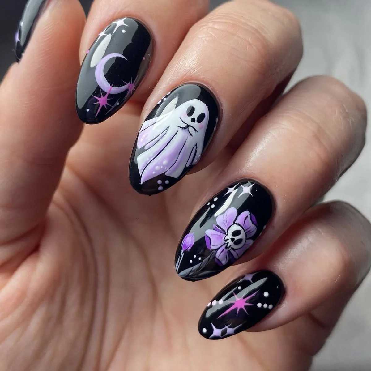 24Pcs Cute Ghost Fake Nails Long Almond Halloween Detachable Full Cover Nail Tips Press on Nails Finished Fingernails Nail ArtT251118T251119-image-1085214050