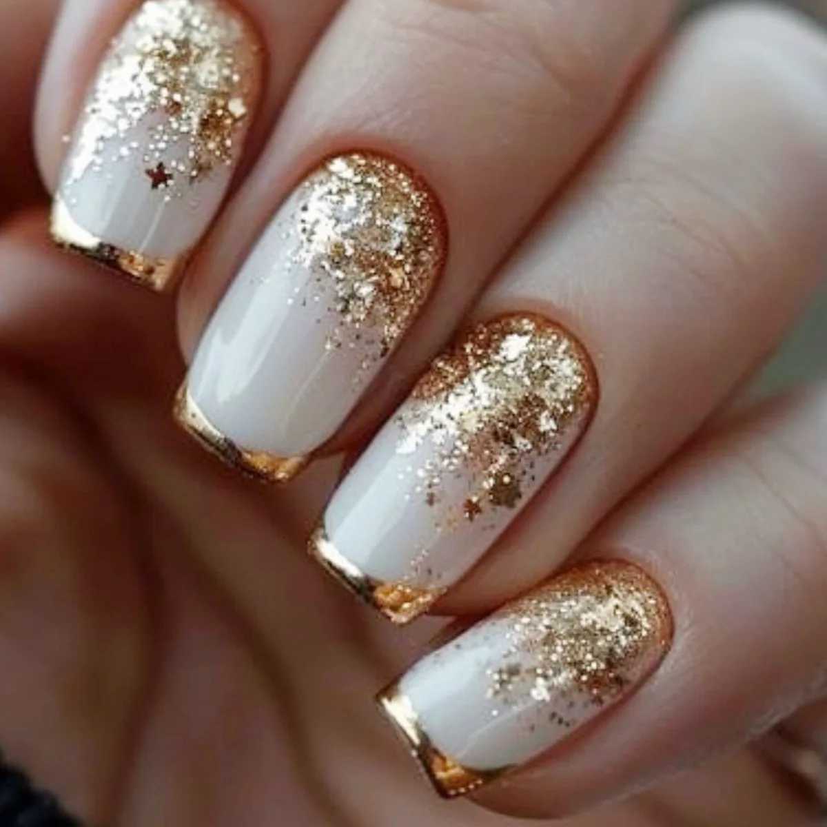 24PCS Simple White French Press on False Nails Glitter Golden Sequin Short Coffin Fake Nails for Women Detachable Nail ManicureT251118T251119-image-1085214644
