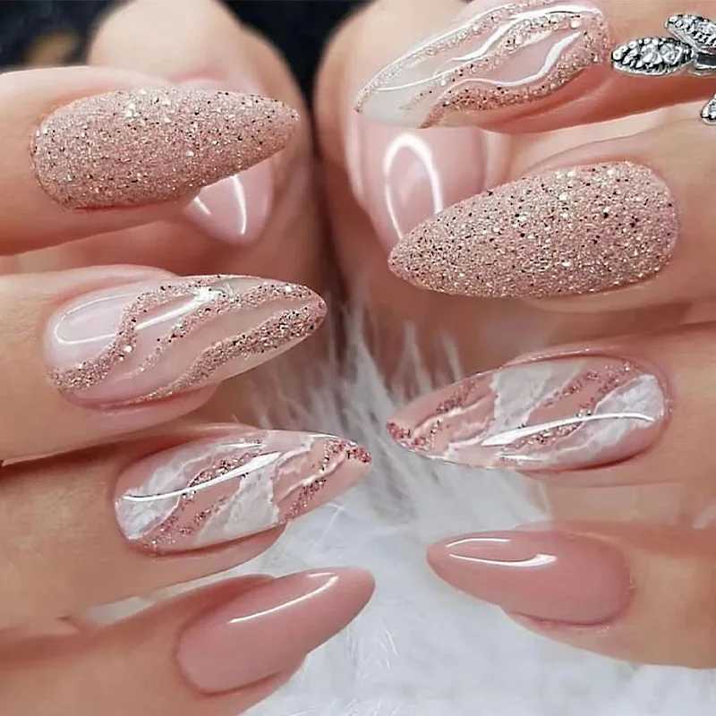 24pcs Detachable Almond French False Nails DIY Glitter Design Press on Nails Fake Nials DIY Manicure Nail TipsT251118T251119-image-1085219867