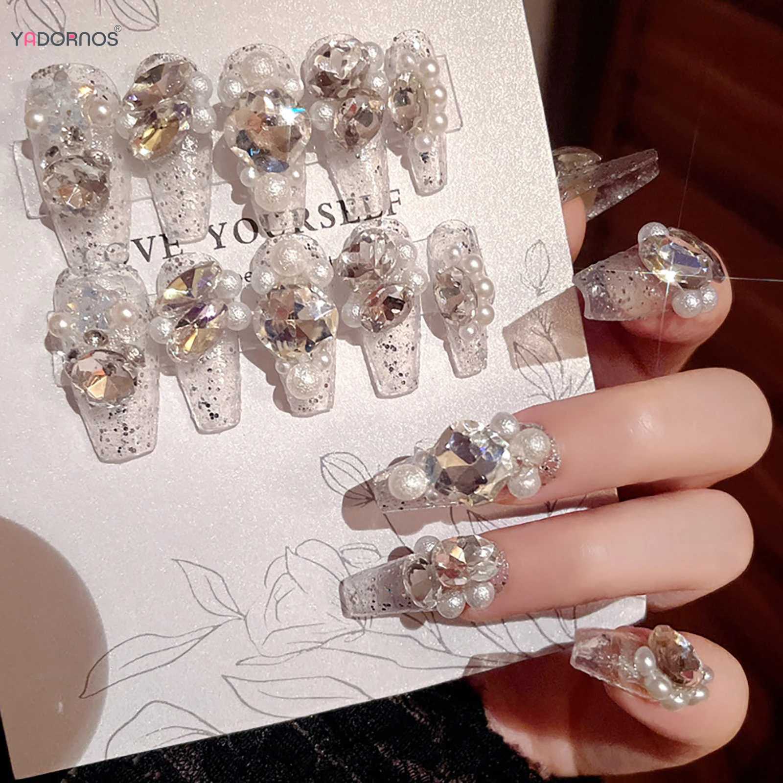 24Pcs Long Ballerina Fake Nails Sparkly Diamond Designs Press on Nails White Pearl Clear False Nails for Women Bride WeddingT251118T251119-image-1085214560