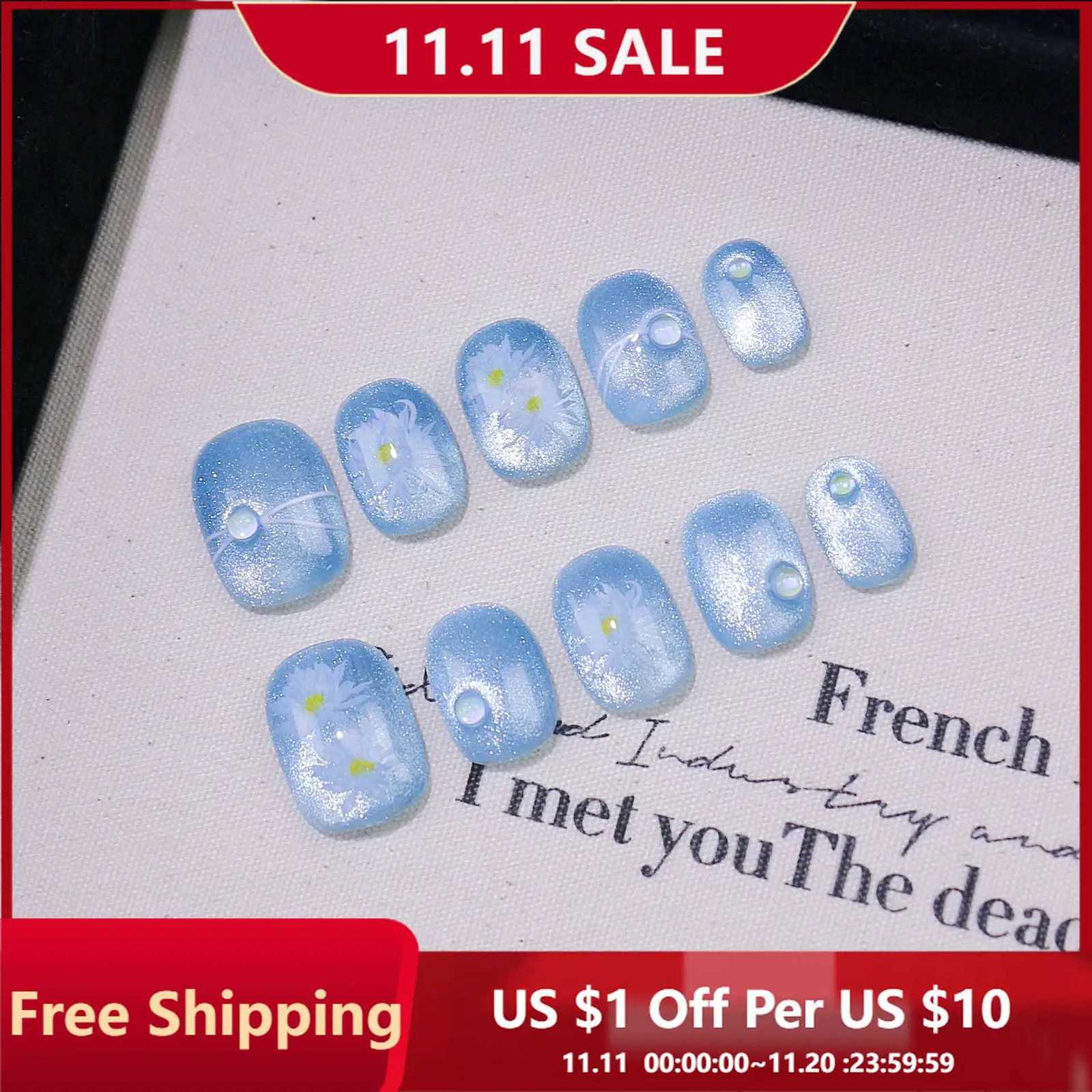 10pcs Handmade Press-On Nails-Blue Cat Eye Effect Glossy Flower Starry Night Bubbles Design Short Oval Fake Nails for WomenT251118T251119-image-1085219800