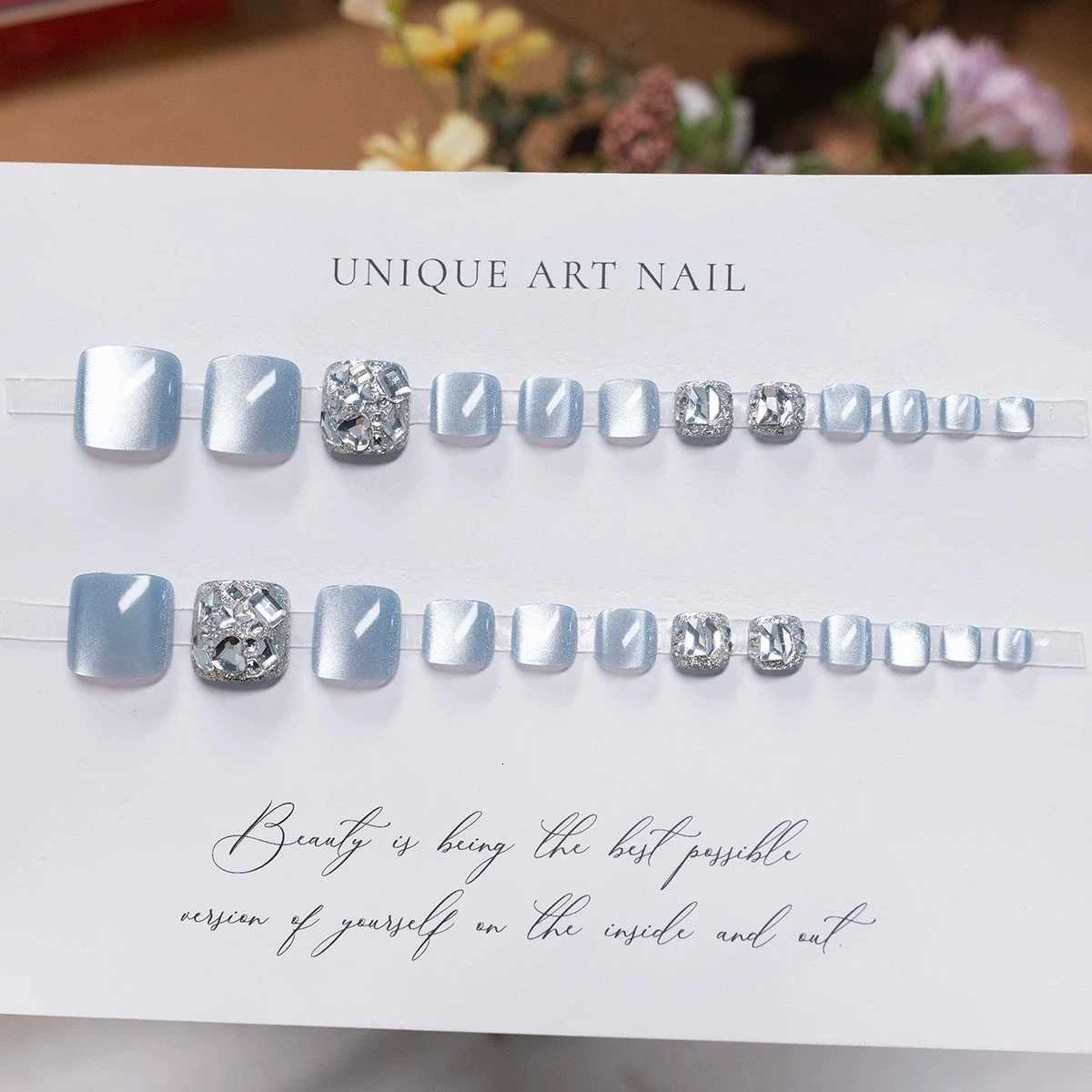 24PCS Flash Light Blue Fake Toe Nails Cats Eye Full Diamond Decor Short Square Foot Nails y2k Press On Removable False ToenailsT251118T251119-image-1085219010
