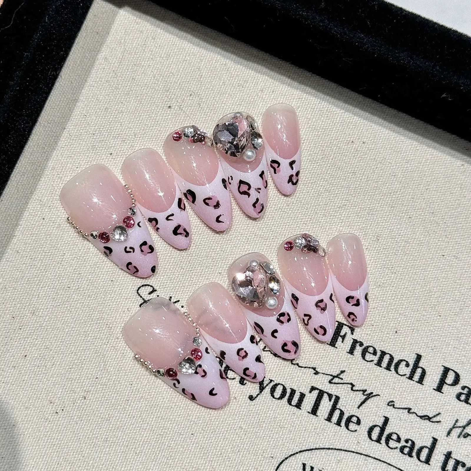 Handmade Press on Nails French Pink Leopard print Fake Nails for Women Girl Wearable Reusable Sweet Cool Long Almond False NailsT251118T251119-image-1085218986