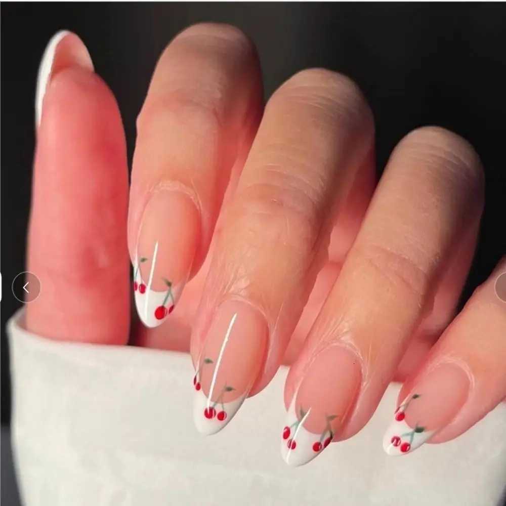 24Pcs Detachable Acrylic False Nails Press On Nail Cute Cherry French Almond Wearable Artificial Fake Nails Full Cover Nail TipsT251118T251119-image-1085218735