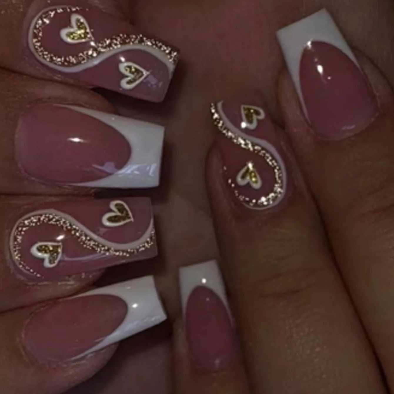 24PCS Shiny Golden Nail Pressed Square Fake Nail White French Pointed Design With Love Winter ValentineS Day GiftT251118T251119-image-1085214279