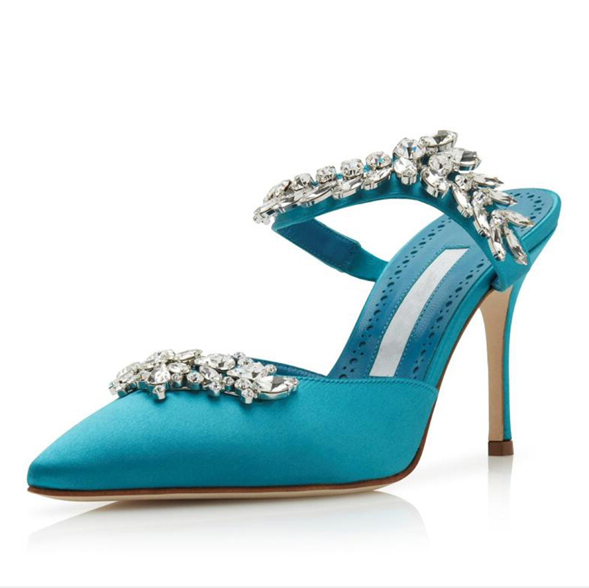 Fashion Brand Women Sandals Pumps LURUM 90 mm Mules High Heels Turquoise Satin Crystal Embellished Italy Famous Pointed Toe Ankle Straps Designer Co