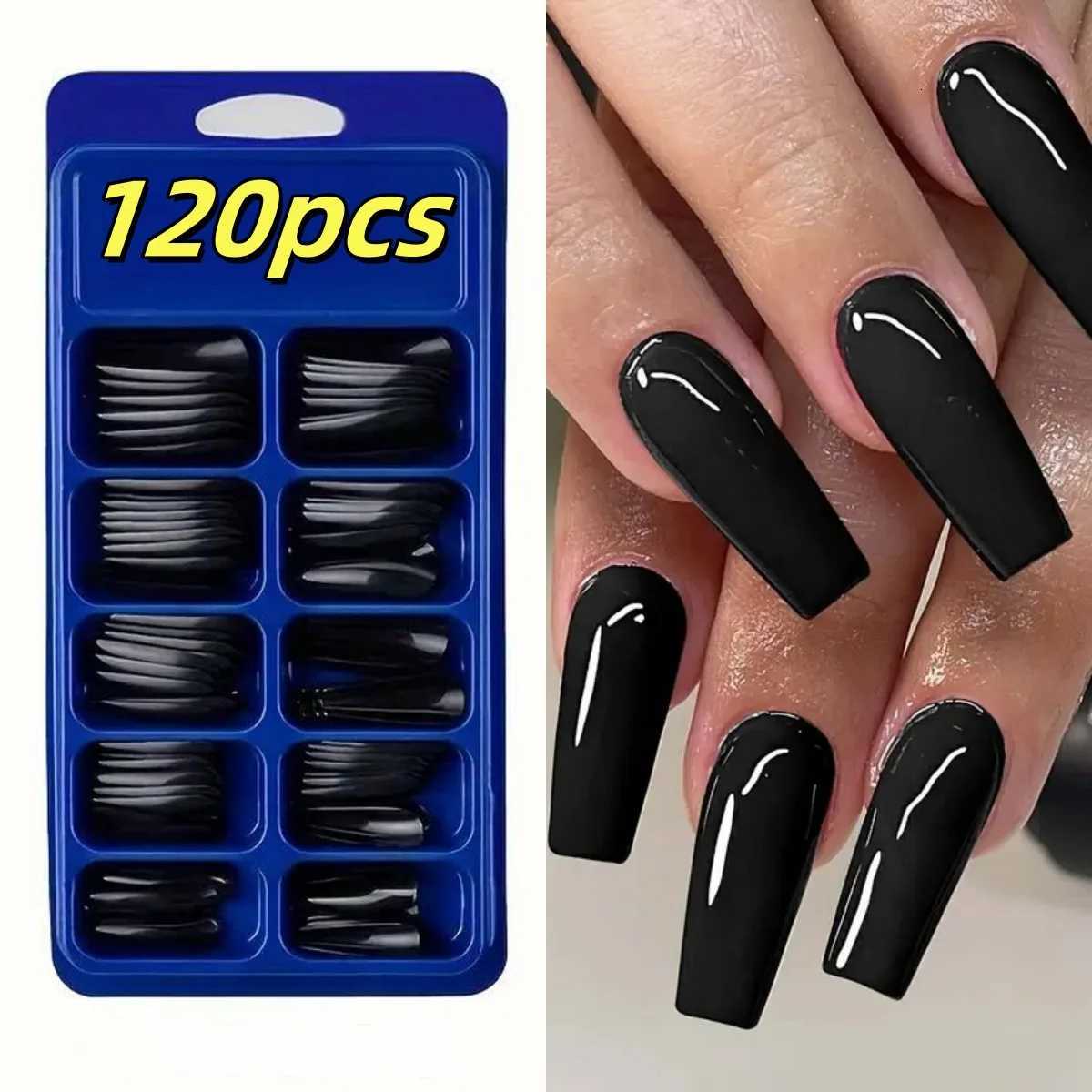 120pcs Long Coffin Black Press-On Nails Full Cover Ballet Square Shape False Nails Solid Color Glossy Finish Durable Fake NailsT251118T251119-image-1085218348