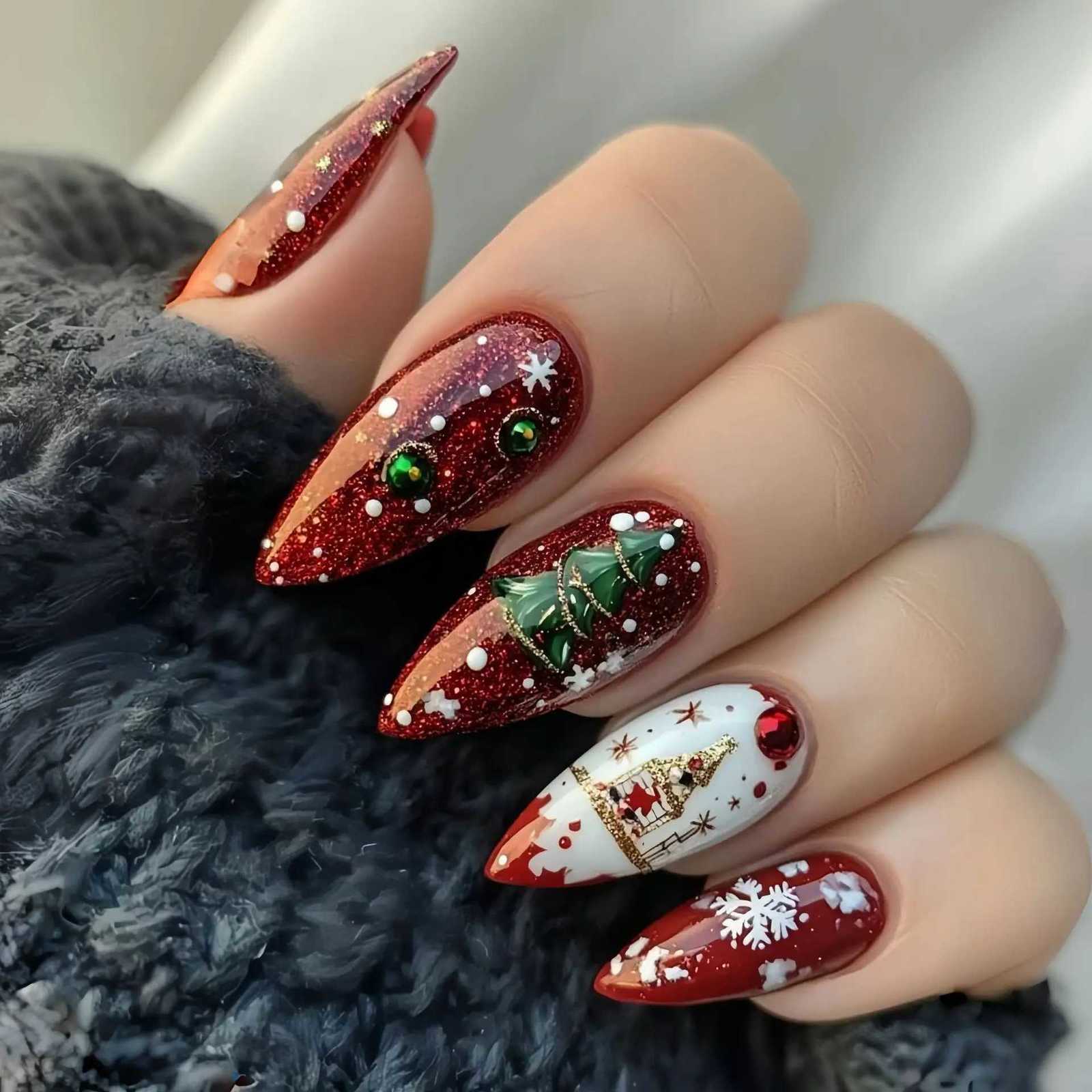 24pcs Round Head Almond False Nails Christmas Glitter Red Full Cover Nail Tips Fashion Snowflake Design Long Press on Fake NailsT251118T251119-image-1085214590