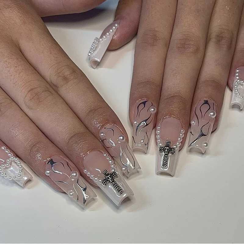 24Pcs Pearl heart Press on Nails Cross French Long Style Fake Nail for WomenGirl Removable Wearable Nail ArtT251118T251119-image-1085221107