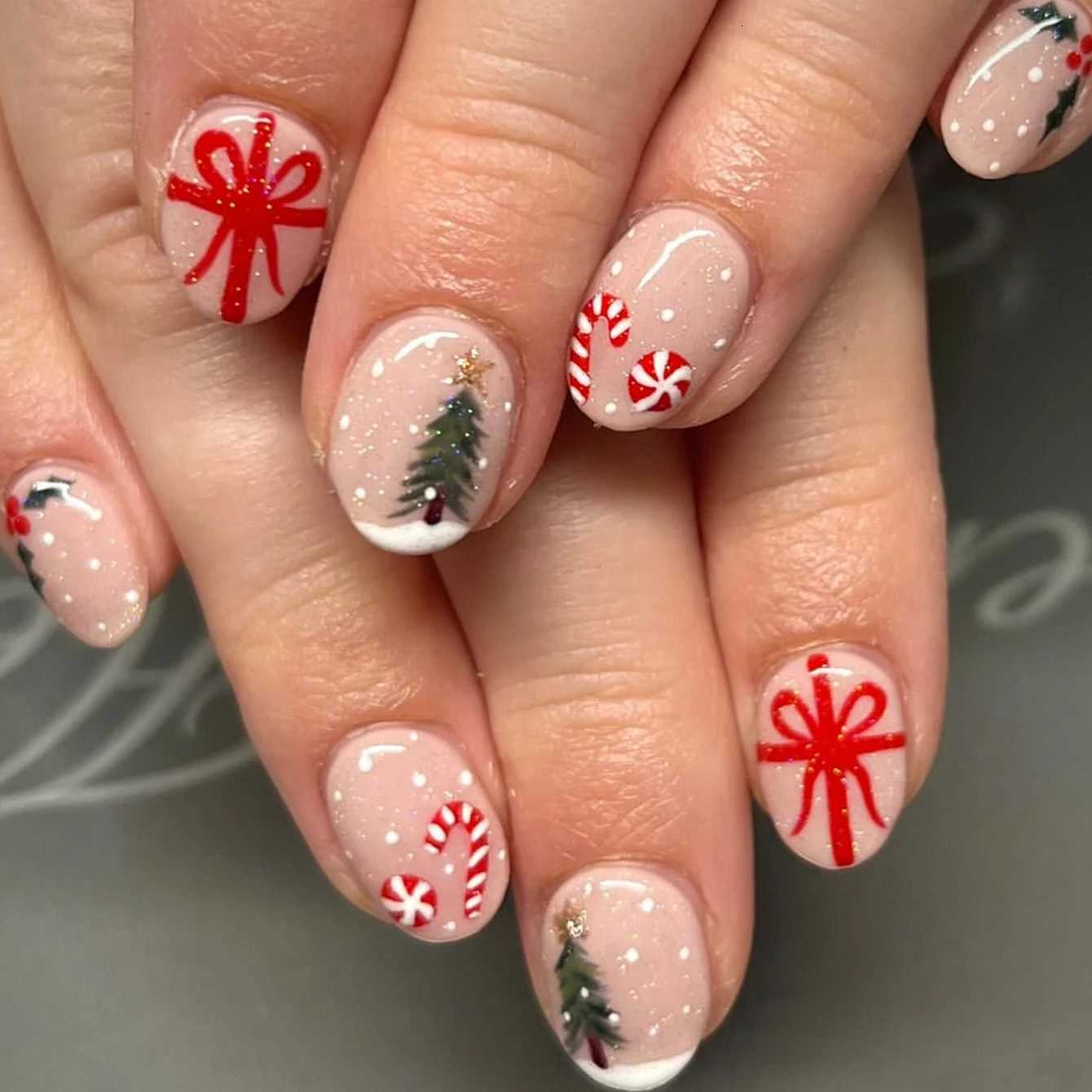 24PCS French-Style Pointed False Nails With Bows Christmas Tree Canes Candy Mistletoe Design Shiny Christmas nailsT251118T251119-image-1085213760