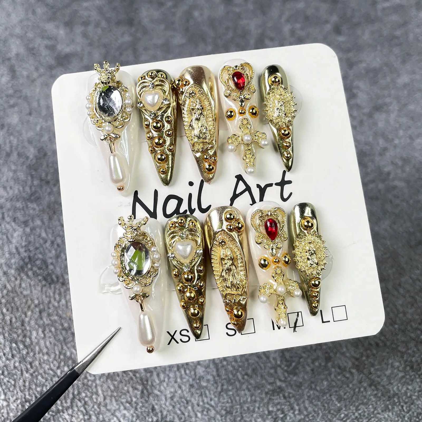 10pcs Golden Stiletto Handmade Press on Nails Retro Fake Nails with 3D Decorations False Nails Artificial Nail T251118T251119-image-1085215564