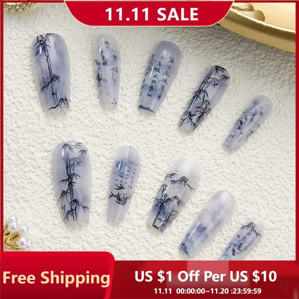 10Pcs Bamboo Chinese Style Fasle Nails Poetry Painting Design Press on Nails Set Reusable Full Cover Acrylic Nails Art for WomenT251118T251119-image-1085214106