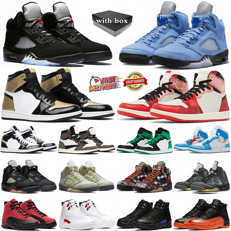 Avec boîte chaussures de basket-ball 5s 12s hommes femmes 1s baskets hautes baskets classiques Bred Toe Ow UNC moka pin vert pollen fumée gris ch
