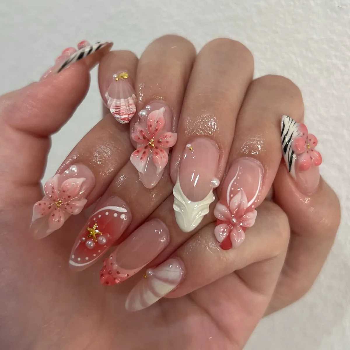 24Pcs Pink Gradient Stripe French Press on False Nails 3D Flower Pearl Full Cover Nail Tip Mid-length Almond Reusable Fake NailsT251118T251119-image-1085219561