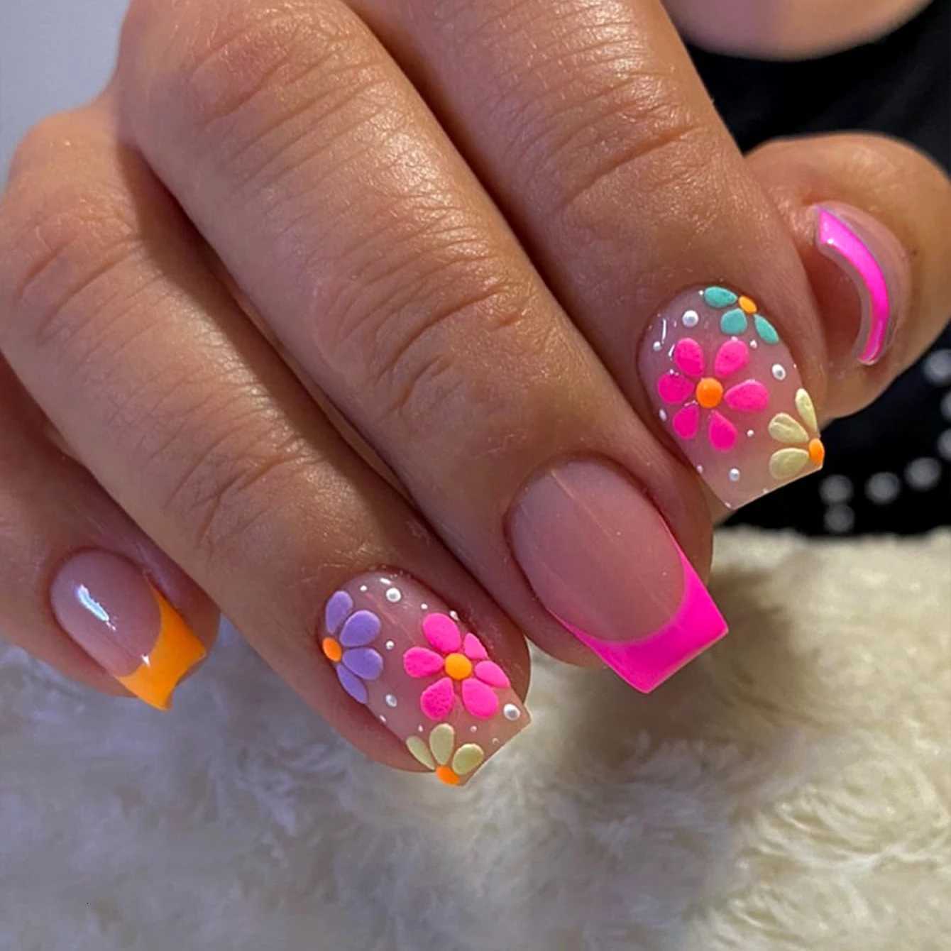 24PCS-Short Square Fake Nail Flower Three-Dimensional Embossed Design Bare Color Fake Nail Fully Covered Acrylic NailT251118T251119-image-1085214896