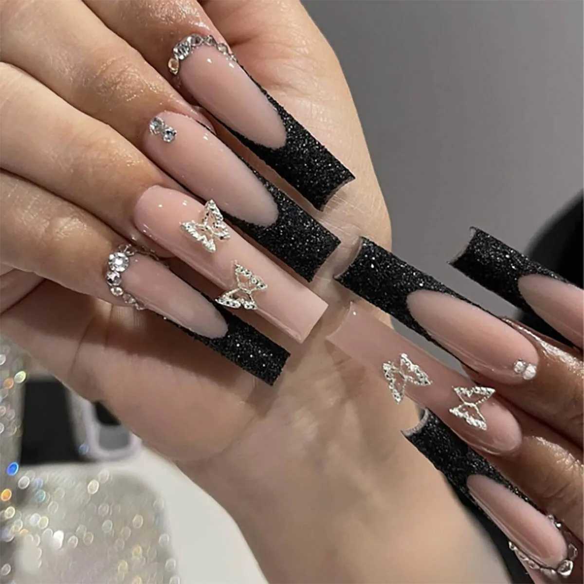 Fashionable Set Of 24 Rectangle Shaped Black French Nail Tips With Glitter Silver Butterfly Rhinestone DecorationT251118T251119-image-1085221379