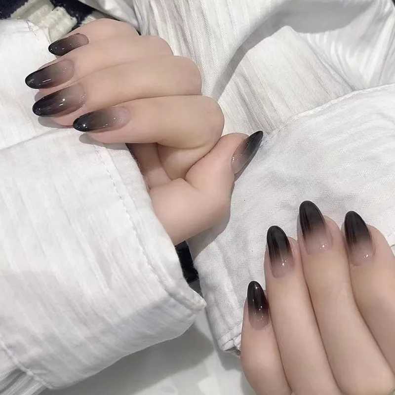 24pcs Gradient Black Pointed Nail Art Fake Nails Press On Nail Tips Artificial Nails Wearable Long Almond False Nails FinishedT251118T251119-image-1085214727