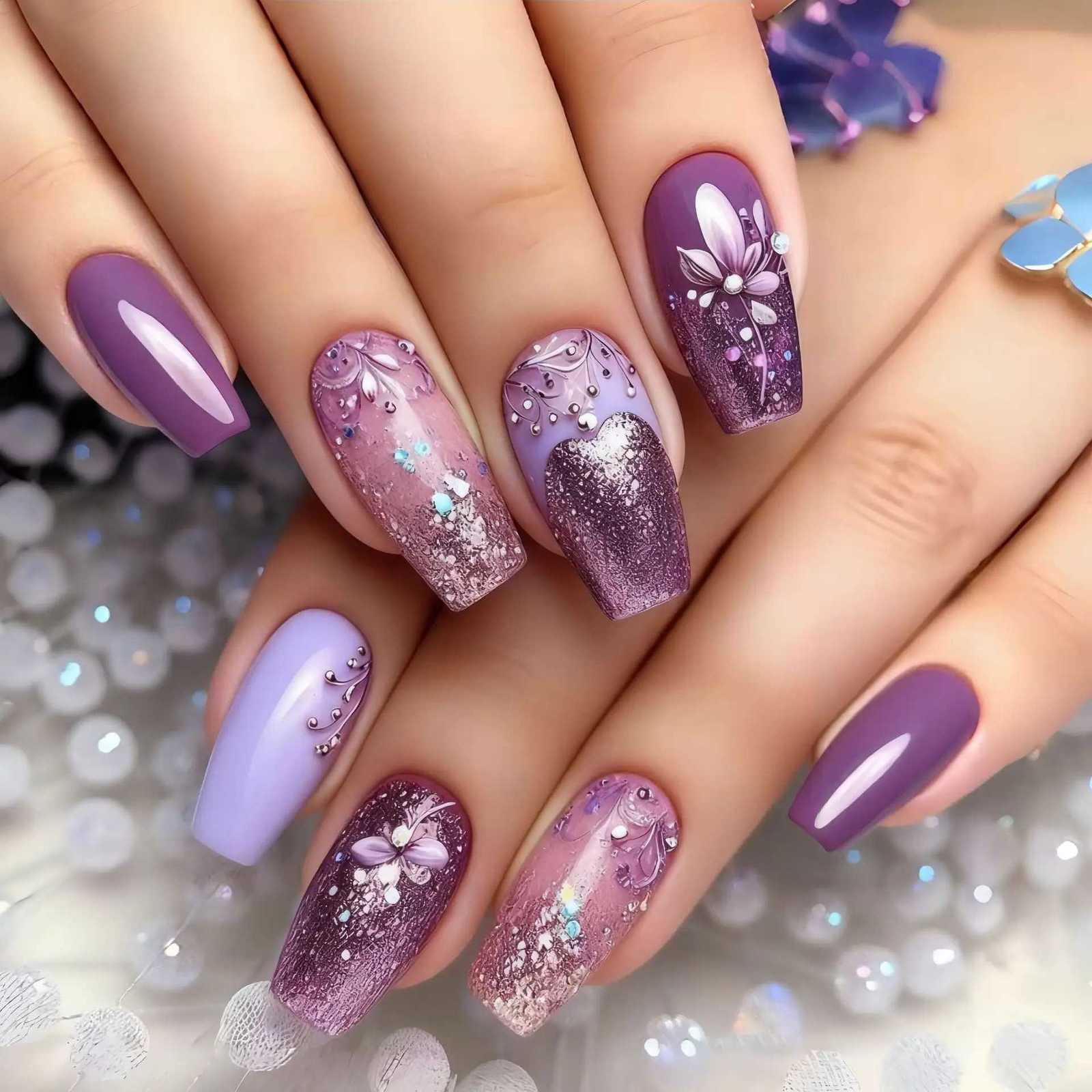 24pcs Finished False Nail Art Mid-length Ballet Nails Sets Press on Glitter Flower Design Fake Nails Set Acrylic Coffin ManicureT251118T251119-image-1085214420