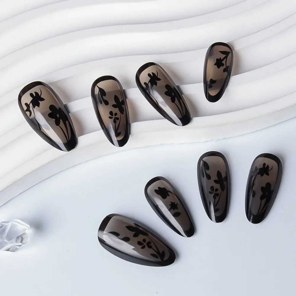 24PCS Short Almond Fake Nails Black Flower Design Autumn Winter Press on Nails Hot Girl Cool Style Removable Nail Art for WomenT251118T251119-image-1085213685