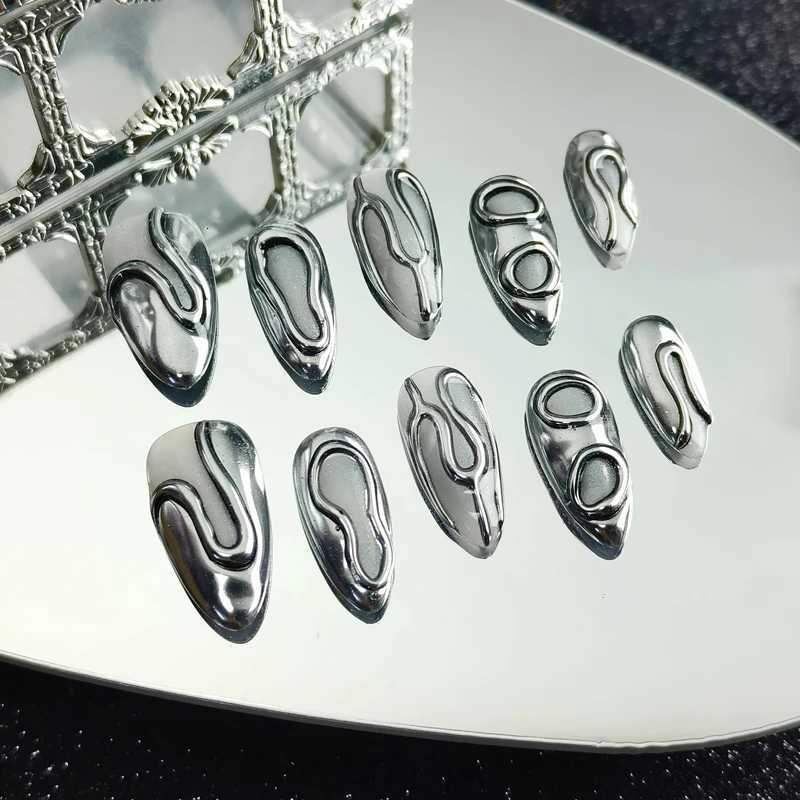 10PCS Handmade Y2k Press on Nails Silver Medium Almond Acrylic False Nails Full Cover Design Irregular goth Artificial Nail TipsT251118T251119-image-1085220899