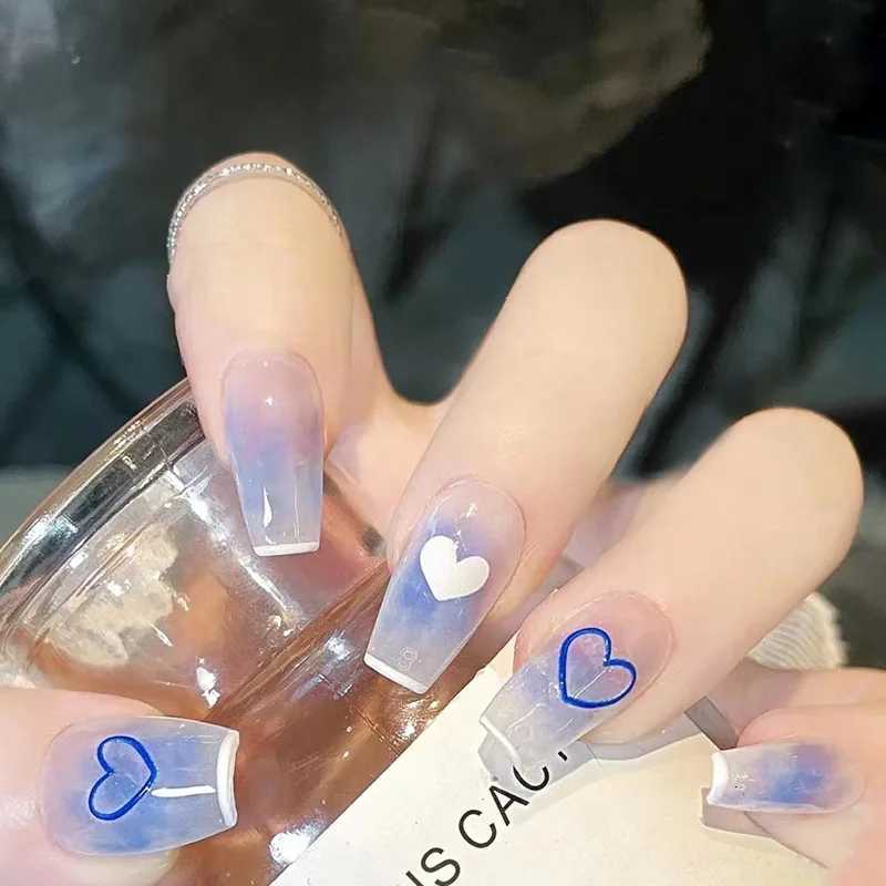 Sweet Style Fake Nails Gradient Blue White Color Press On Nails Mid-length Coffin Shape Love Heart Pattern Full Cover False nailT251118T251119-image-1085214432