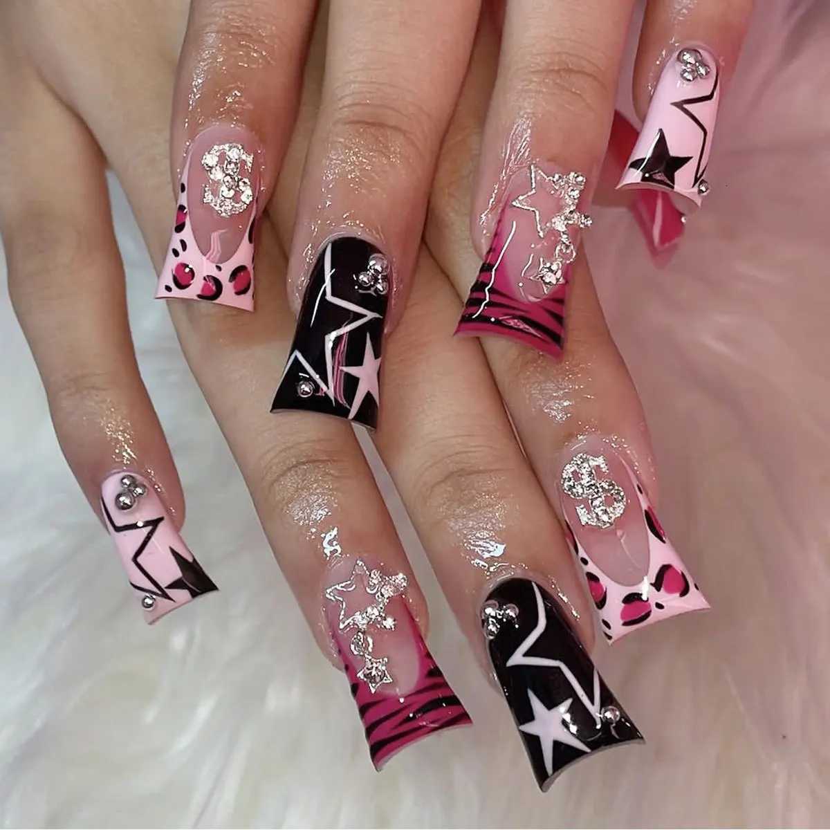 Duckbill Leopard French False Nails y2k Press On Nails Wearable Punk Fake Nails with Ball Diamond Stars Decor Removable Nail ArtT251118T251119-image-1085214622