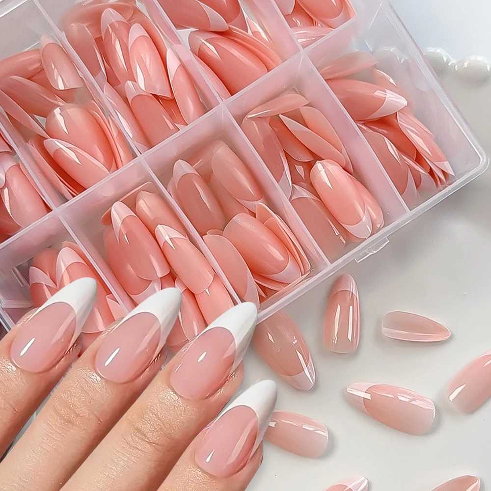 120/240Pcs Nude Pink Almond Press On Nails White-Edge French Glossy Almond Fake Nails Full Cover Soft Gel Nude Pink Nail TipsT251118T251119-image-1085222581