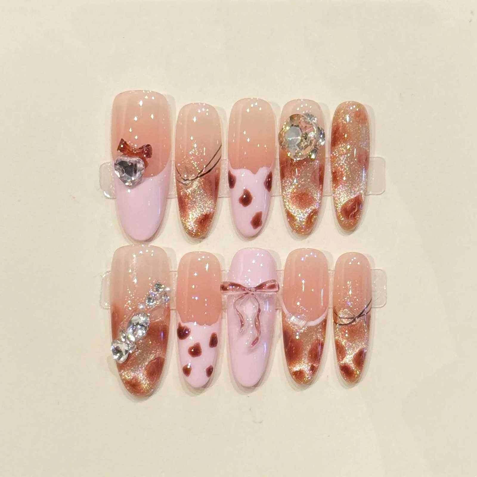 10pcs Leopard Print Pink Nails Set Press on French Long Oval Handmade Fake Nails Tips Bow Diamond Design False Nail Art WearableT251118T251119-image-1085222675