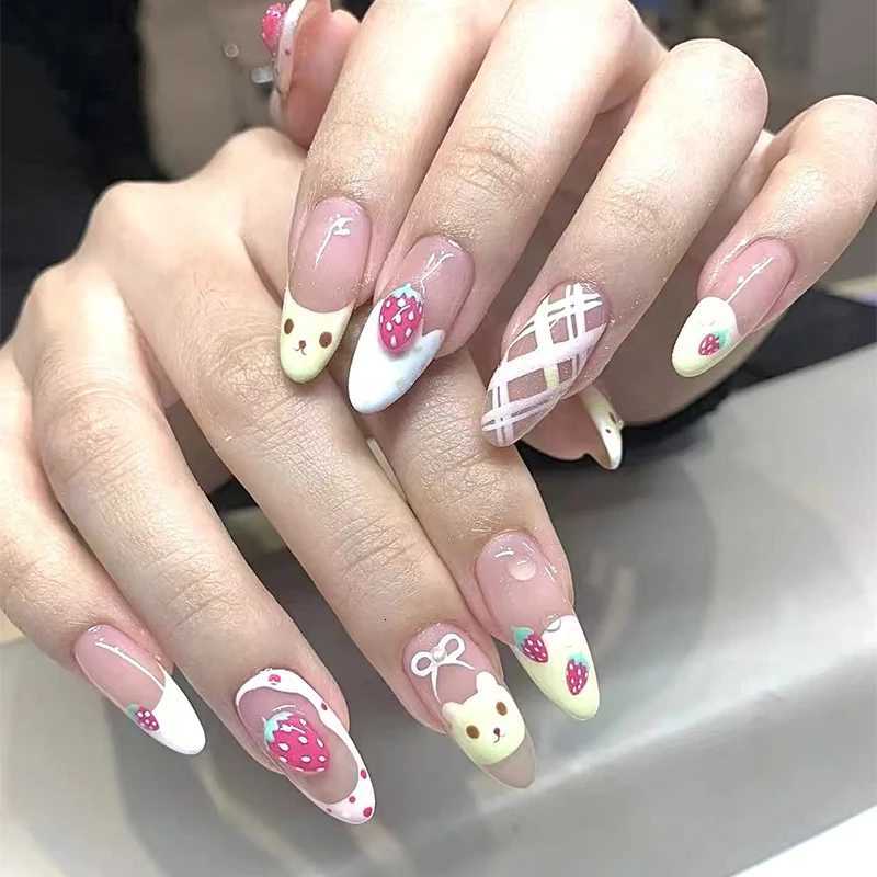 10pcs Almond Press On Nails With Pink Strawberry Bear Design Acrylic False Nails Cute French Full Cover Nail Tips Summer Girl NeT251118T251119-image-1085221006
