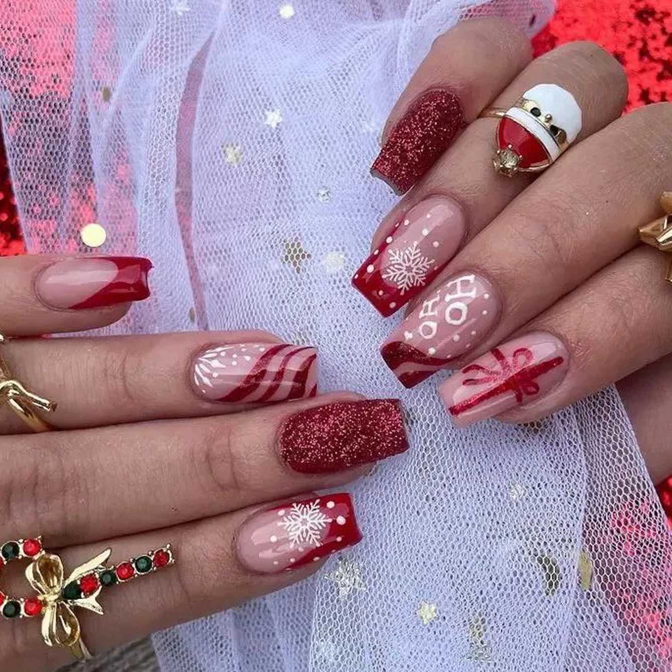 24PCS Christmas Red Square Snowflake Fake Nail with Red and White Stripes and Sparkling Powder Design Fake Nail ChristmasT251118T251119-image-1085215766