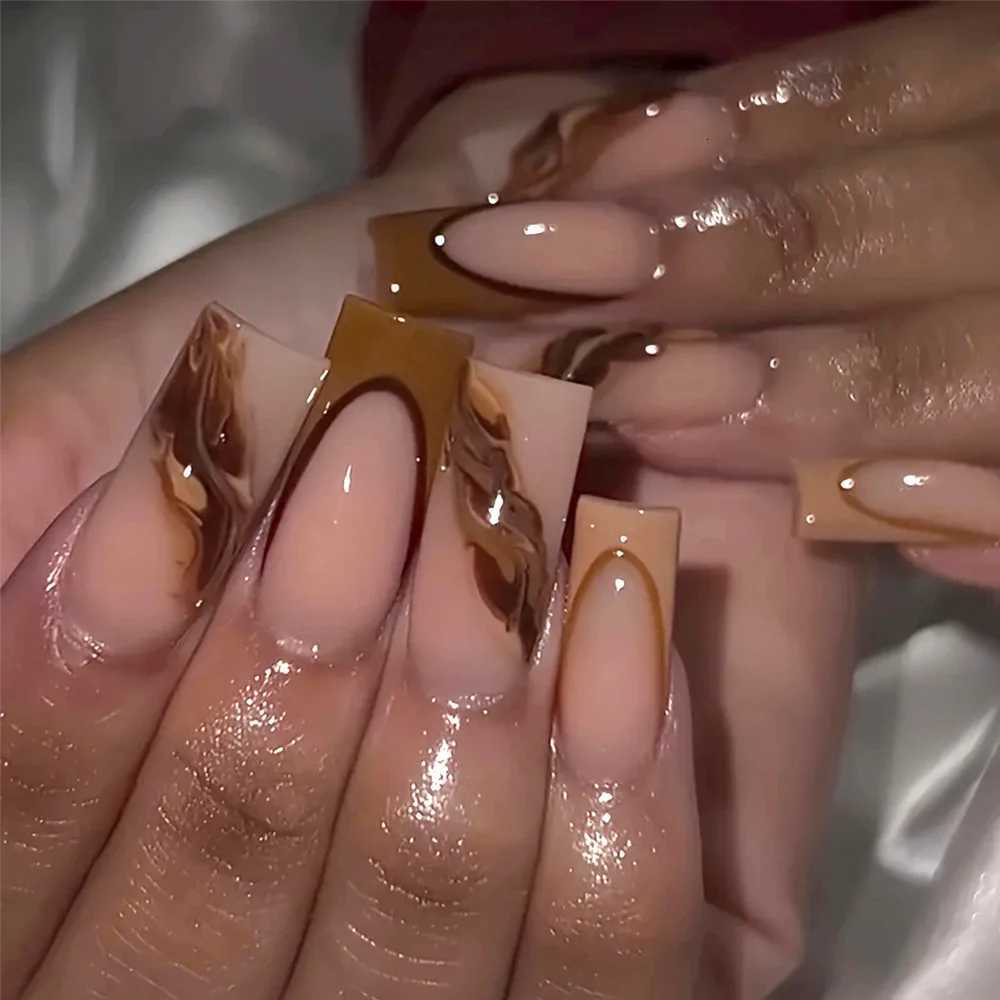 24Pcs Mid-length Square Head Fake Nails Brown French Design Press on False Nails Marble Pattern Detachable Full Cover Nails TipsT251118T251119-image-1085215703