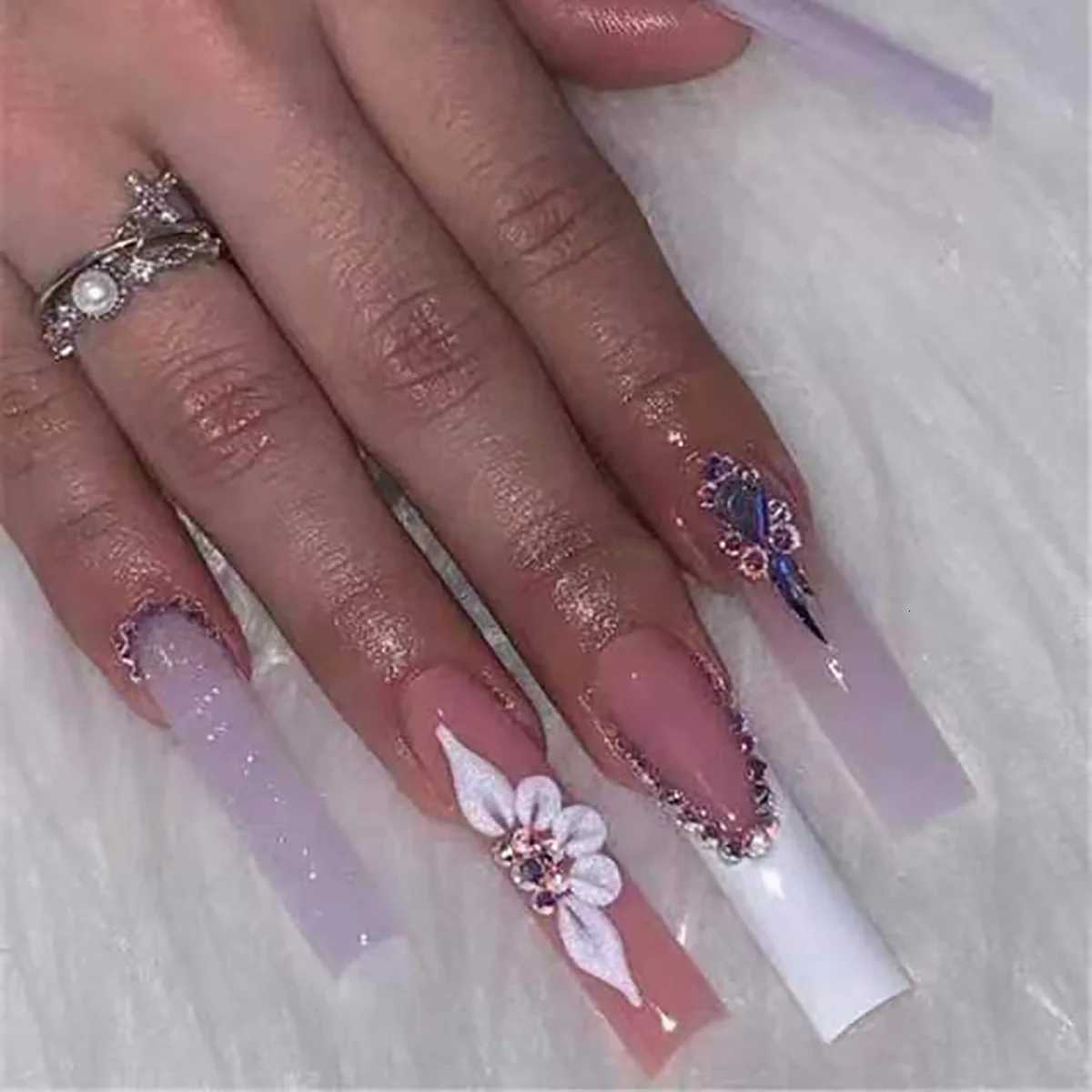 24 Piece Long Coffin Style Glossy Gradientflower Pattern 3D Rhinestone Decoration Complete Set of Abs Fake Nail SetT251118T251119-image-1085214662