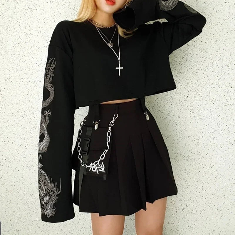 Gothic punk cool girl dragon pattern Tshirt long sleeved pendant crew neck black crop top autumn zipper womens 250410