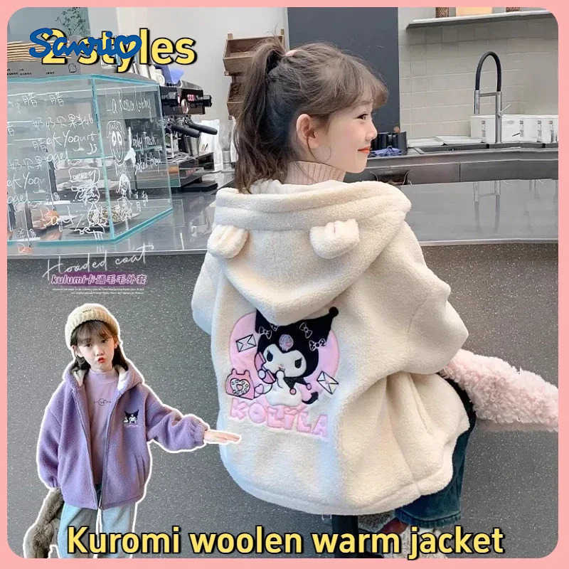 Sanrio Winter 2025 New Cartoon Kuromi Girls Velvet Jacket Plus Velvet ChildrenS Polar Fleece Hooded Clothes Girls Winter Cloth H251120-image-1085365309