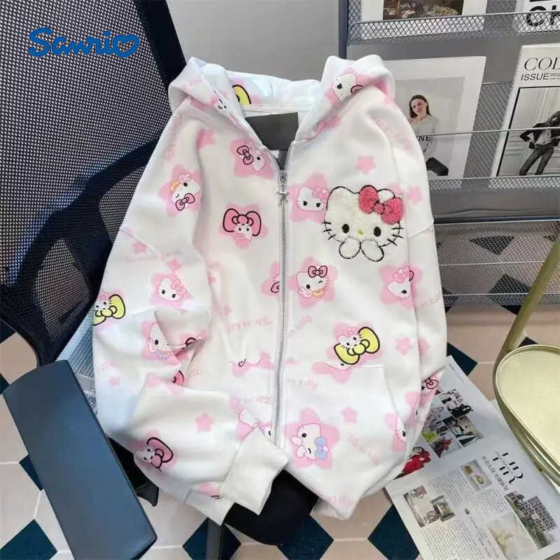 Sanrio Hot Girl Sweatsuit Hello Kitty Kawaii Anime Spring and Autumn Student Zip-Up Jacket Tops Childrens Clothing New Style H251120-image-1085364593