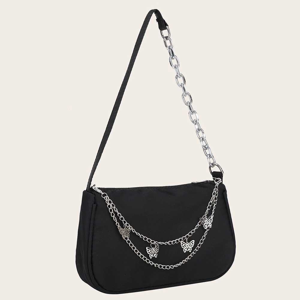 Womens black nylon bottom bag womens casual butterfly chain shoulder bag womens Japanese and Korean style small handbagXJ250419