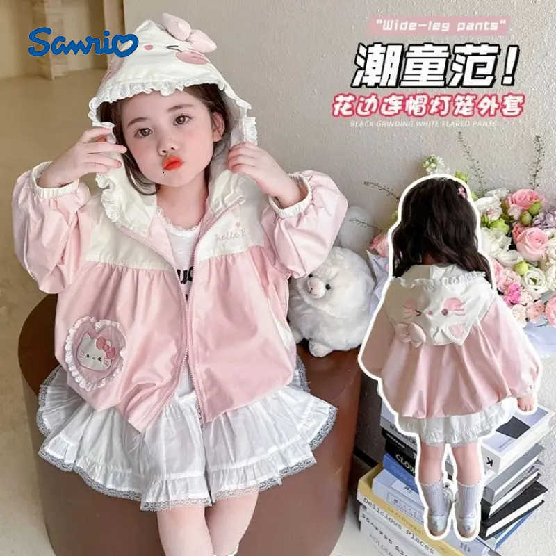 Sanrio Hello Kitty Girls Jacket Princess Lace Coats New Spring Autumn Cartoon Childrens Hooded Top Baby Anime Cute Windbreaker H251120-image-1085365397