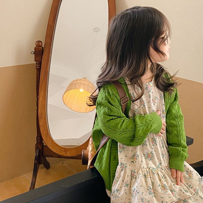 D718 Korean style fashionable dress for girls, new autumn/winter 2024, stylish green knitted cardigan for cute baby girls.-image-1085318808