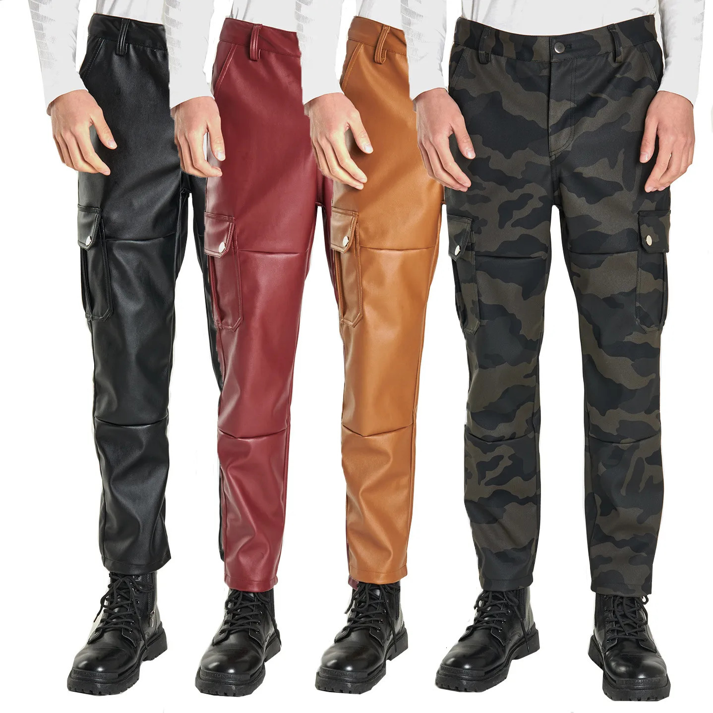 Multi pocket mens casual PU pants fashionable bicycle leather windproof waterproof dustproof punching machine S5XL size 250409Z