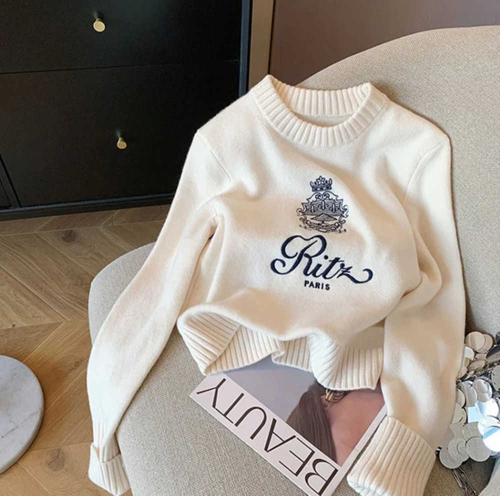 Letters Embroidery Pullover Sweater SpringSummer Womens Round Neck Long Sleeve Knitted Jumper Casual n Top 240929333