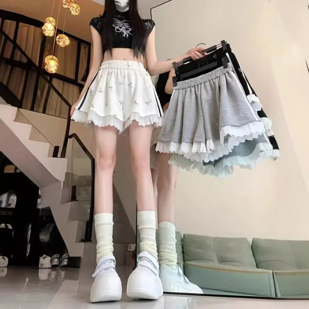Korean style lace trimmed casual pants for womens summer 2024 loose fit high waist elegant Versatile wide leg shorts 250414Z