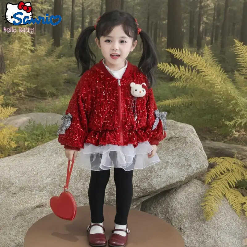 Sanrio Girls Hello Kitty Lace Jacket Kawaii Autumn New Cartoon Anime Children Fashion Sequined Korean Style Long-Sleeved Tops H251120-image-1085365718